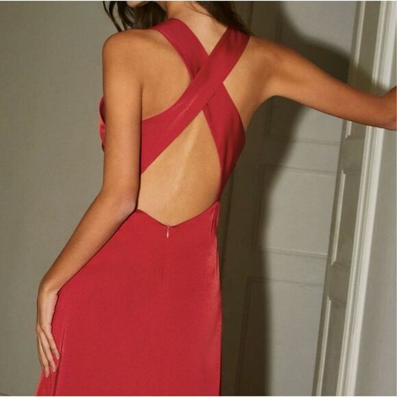 Commense Red Dress Satin Funnel Neck Back Cross Maxi - Picture 4 of 6